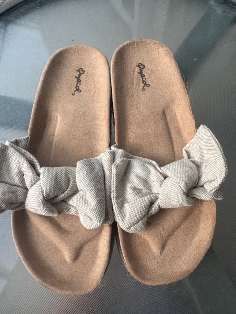 Qupid Tan Slide Sandals with Knotted Fabric Strap
